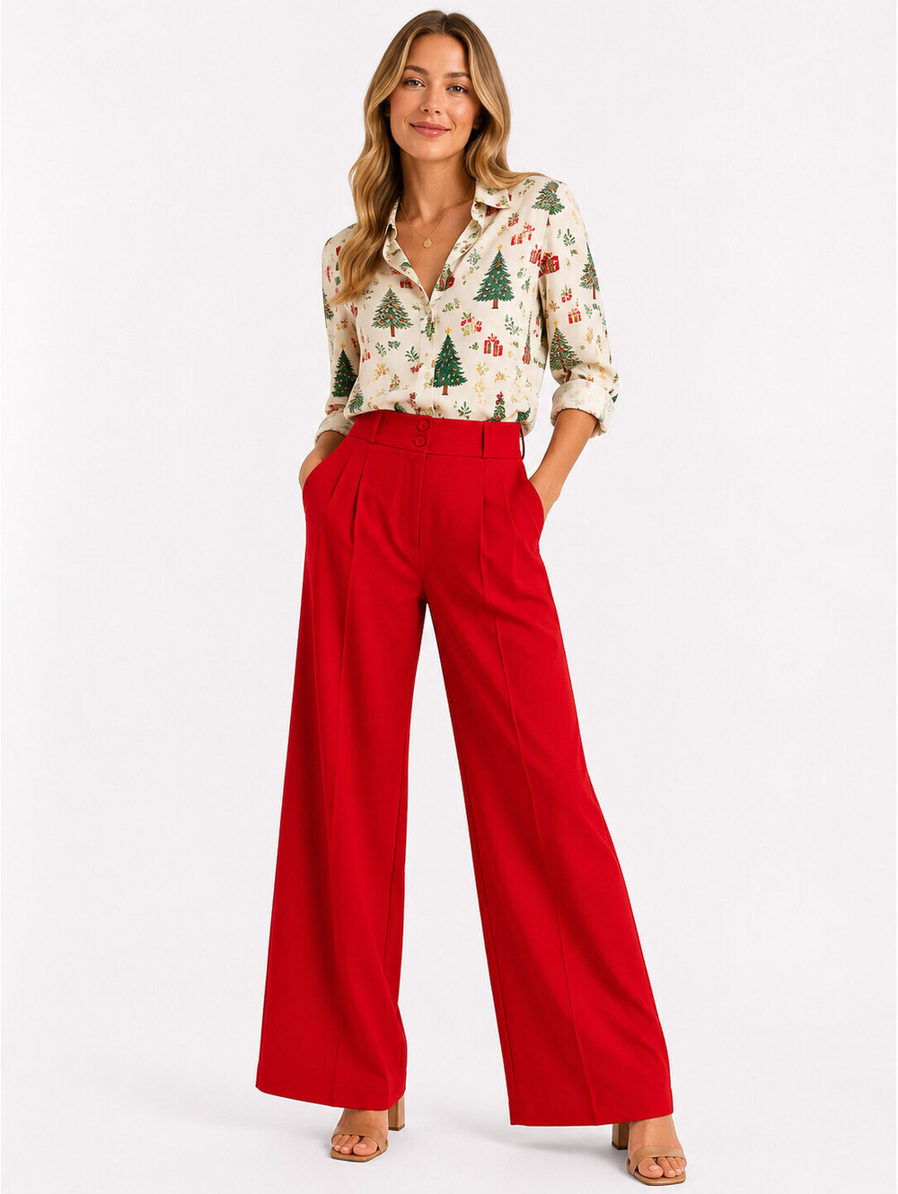 Women's Red Wide Leg Dress Pants Side Pockets Front Seam Details Sz XL